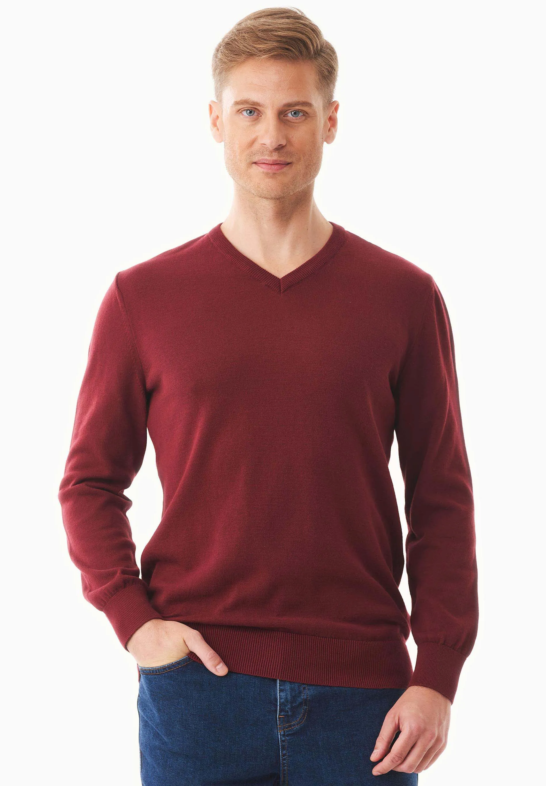 Men's V-Neck Organic Cotton Sweater Syrah Red sold by Ivalo.com