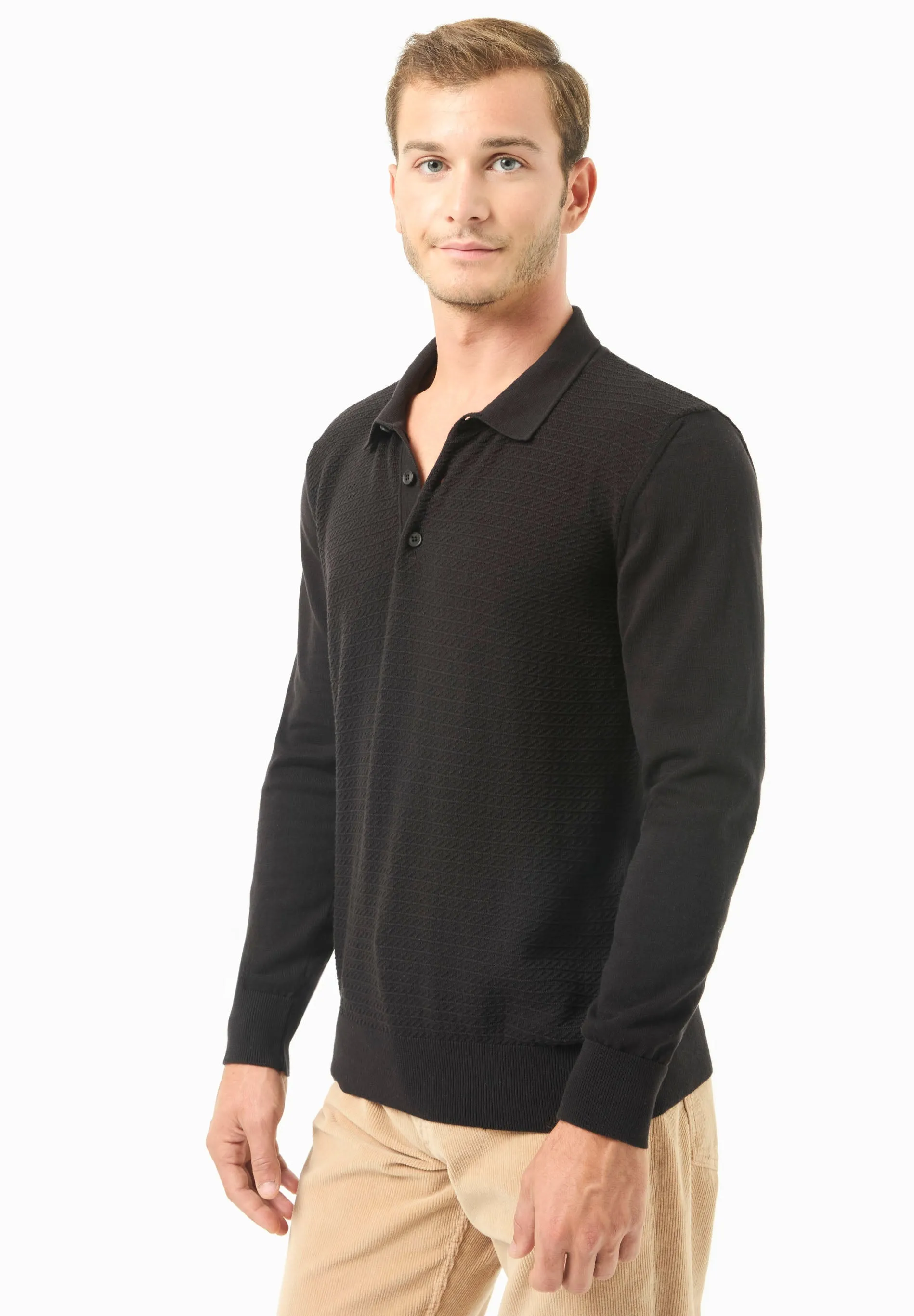 Men's Textured Knit Polo Collar Sweater Black sold by Ivalo.com product image thumbnail 4