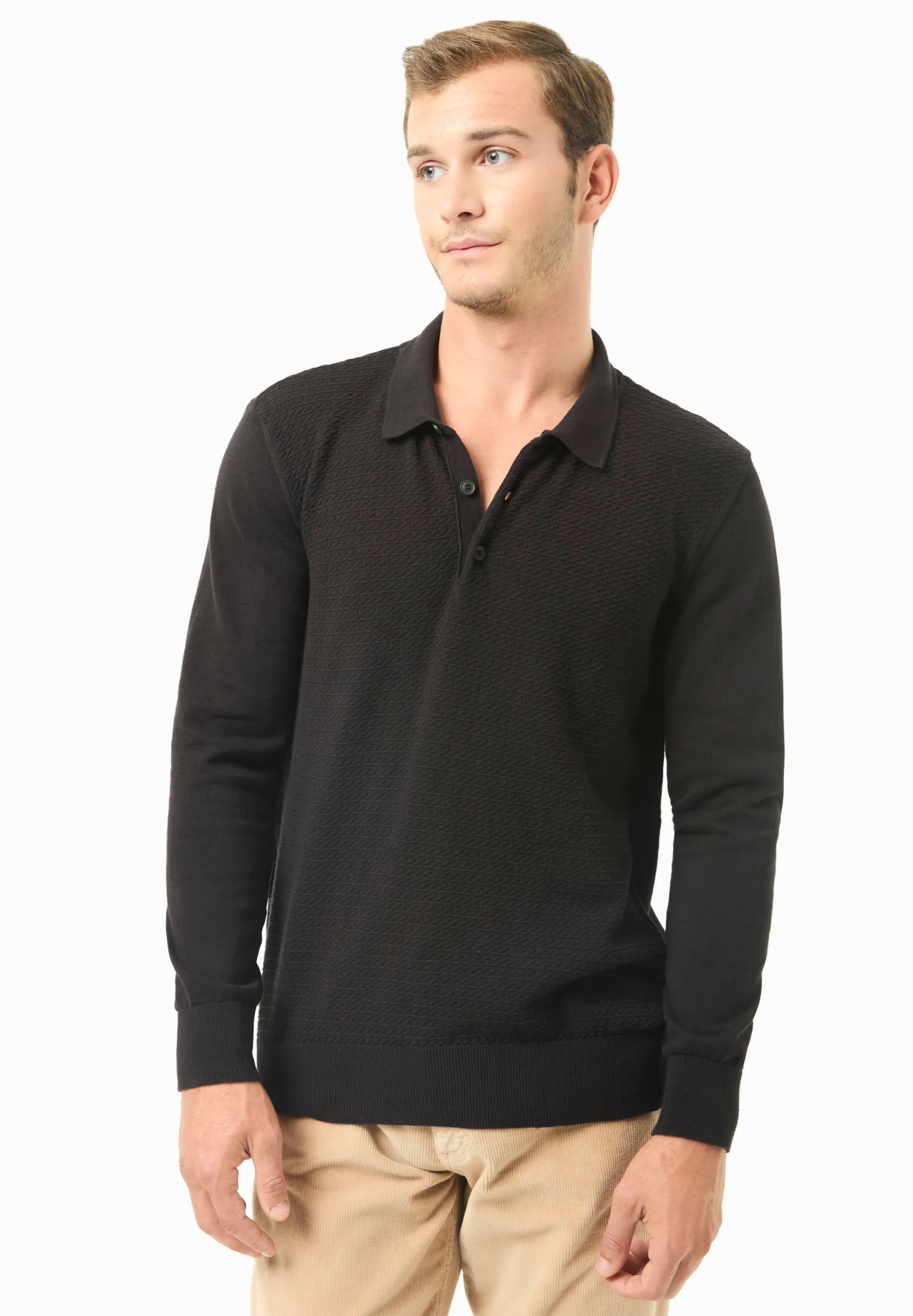 Men's Textured Knit Polo Collar Sweater Black sold by Ivalo.com