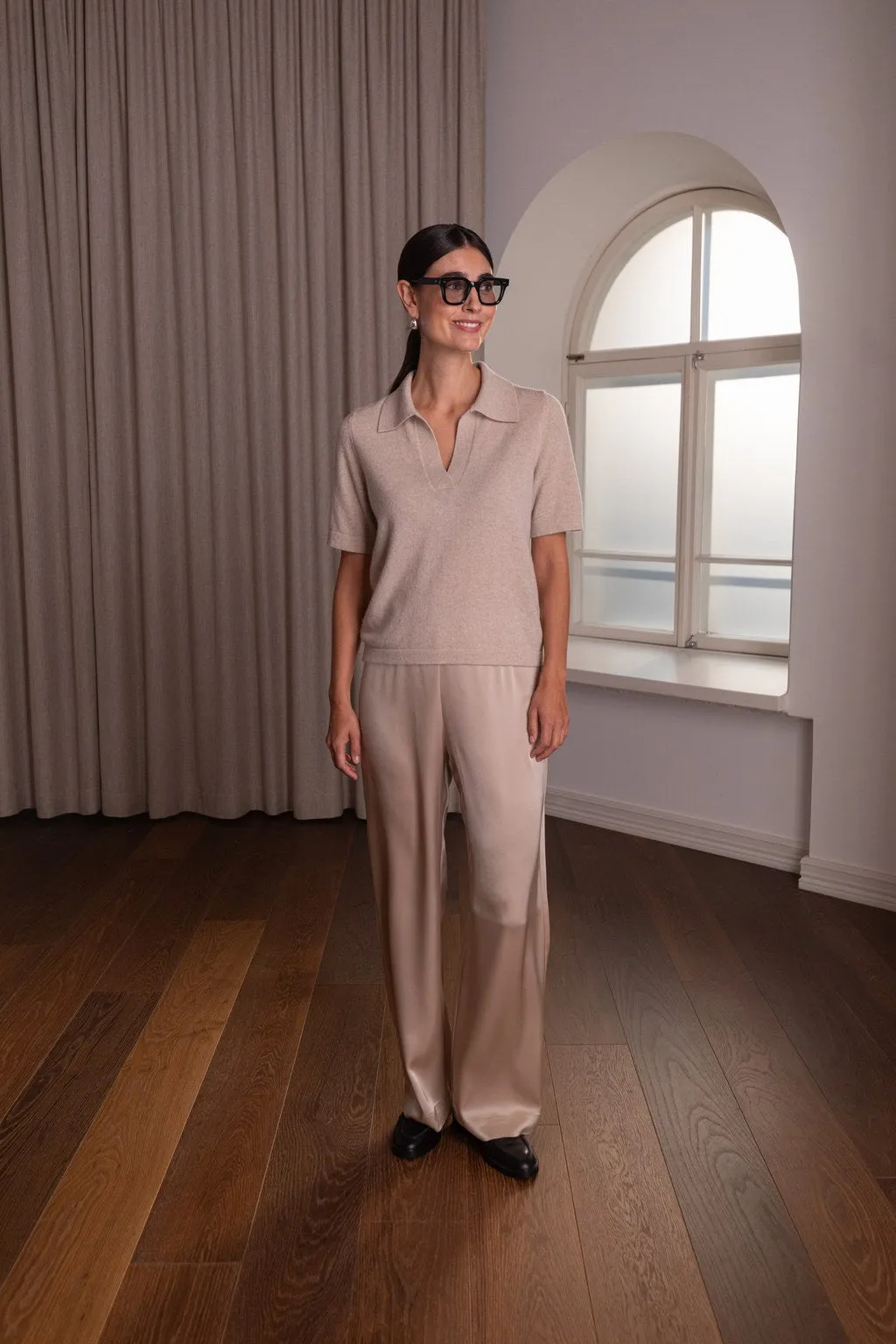 Katy Short-Sleeve Collared Smooth Cashmere Sweater Latte sold by Ivalo.com product image thumbnail 2