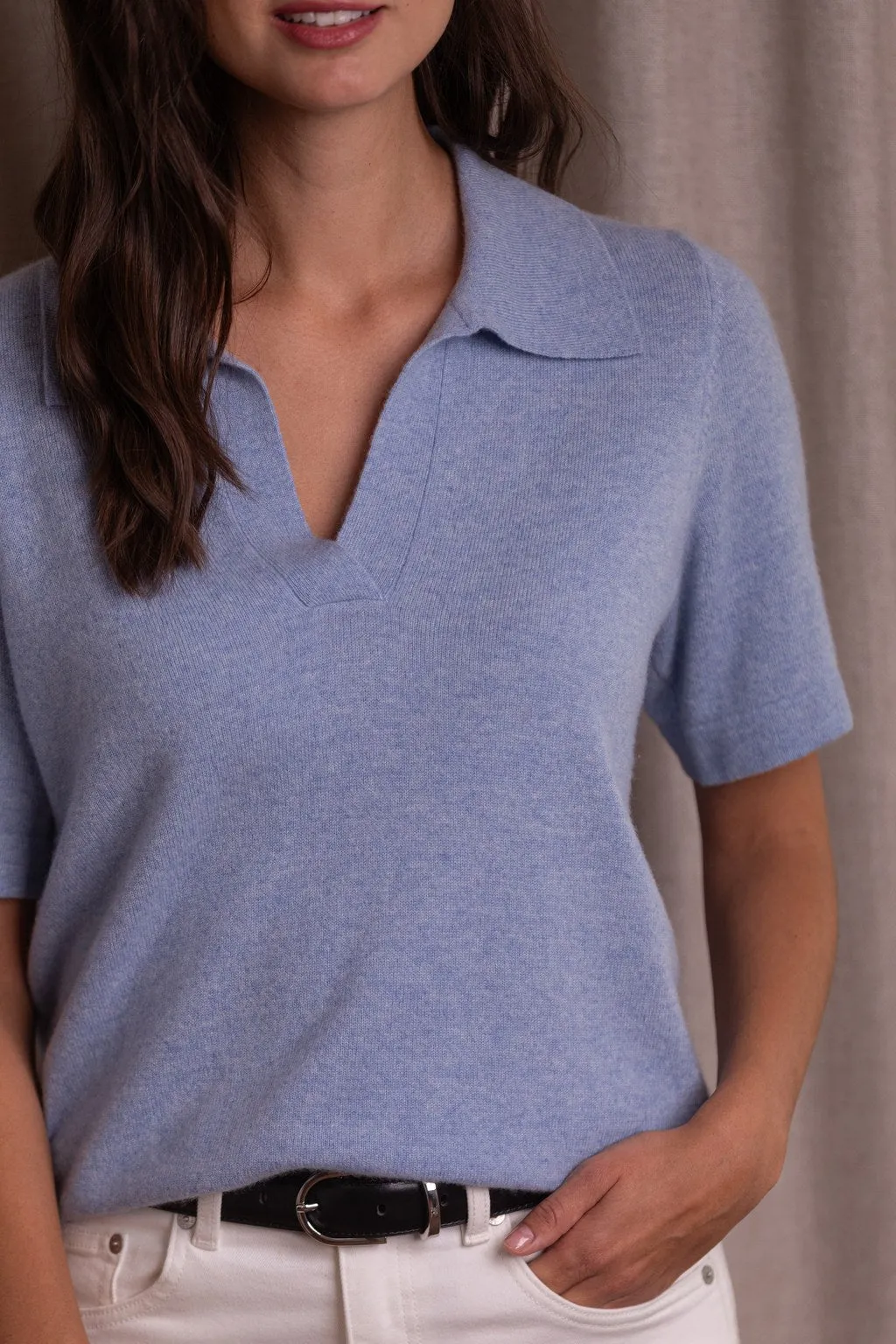 Katy Short-Sleeve Collared Smooth Cashmere Sweater Sky sold by Ivalo.com product image thumbnail 3