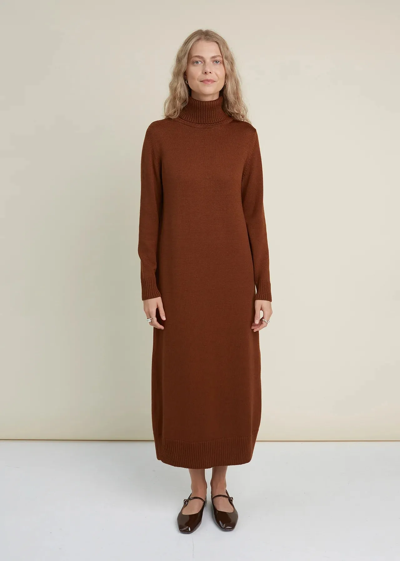Turtleneck Knitted Merino Wool Sweater Dress Chocolate sold by Ivalo.com