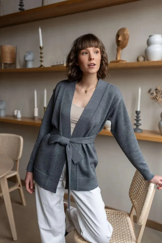 Wrap Cardigan with Belt Grey made by Ivalo.com