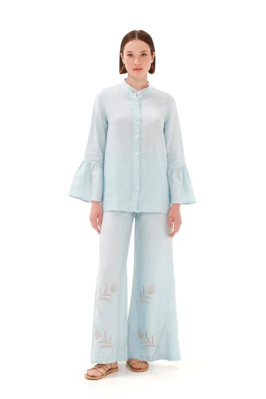 Embroidered Wide Leg Linen Pants Light Blue sold by Ivalo.com