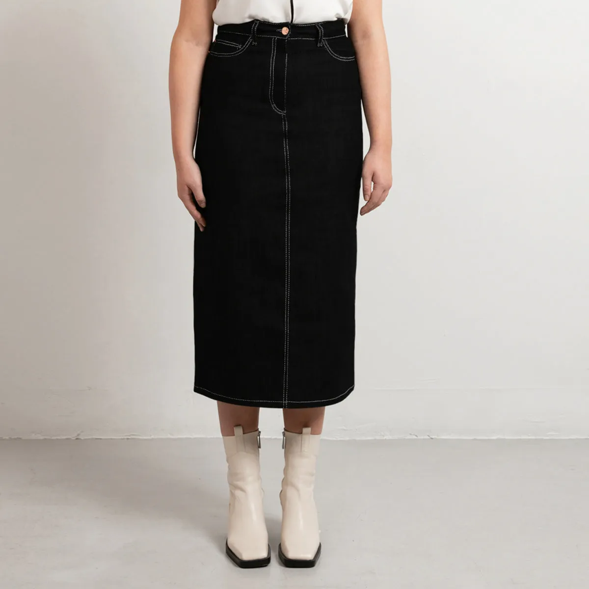 Black Midi Denim Skirt White Stitch sold by Ivalo.com