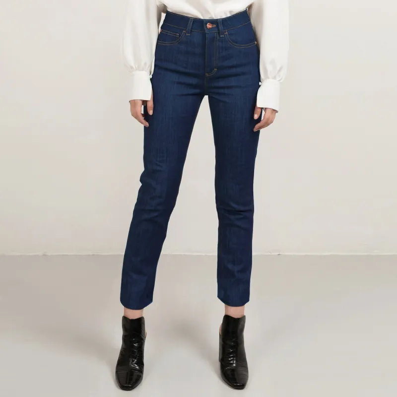 Cropped Straight Leg Denim In Mid Blue with Tobacco Stitch sold by Ivalo.com
