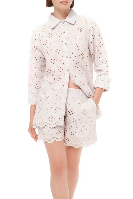 Eyelet Embroidery Scallop Trim Linen Shirt Light Beige sold by Ivalo.com