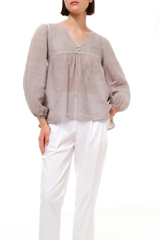 V-Neckline Embroidered Linen Gauze Blouse Grey sold by Ivalo.com