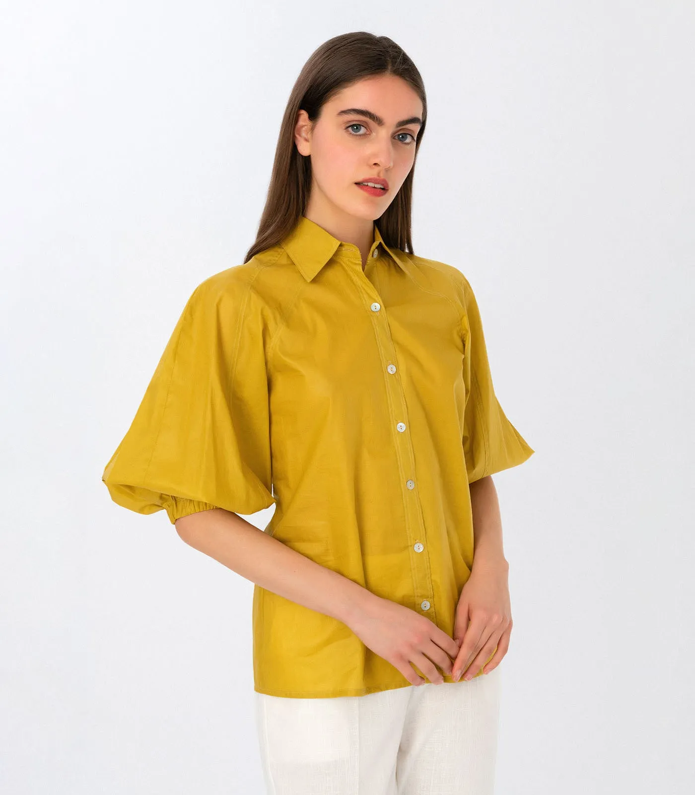 Olive Puff Sleeve Shirt Mustard Yellow sold by Ivalo.com