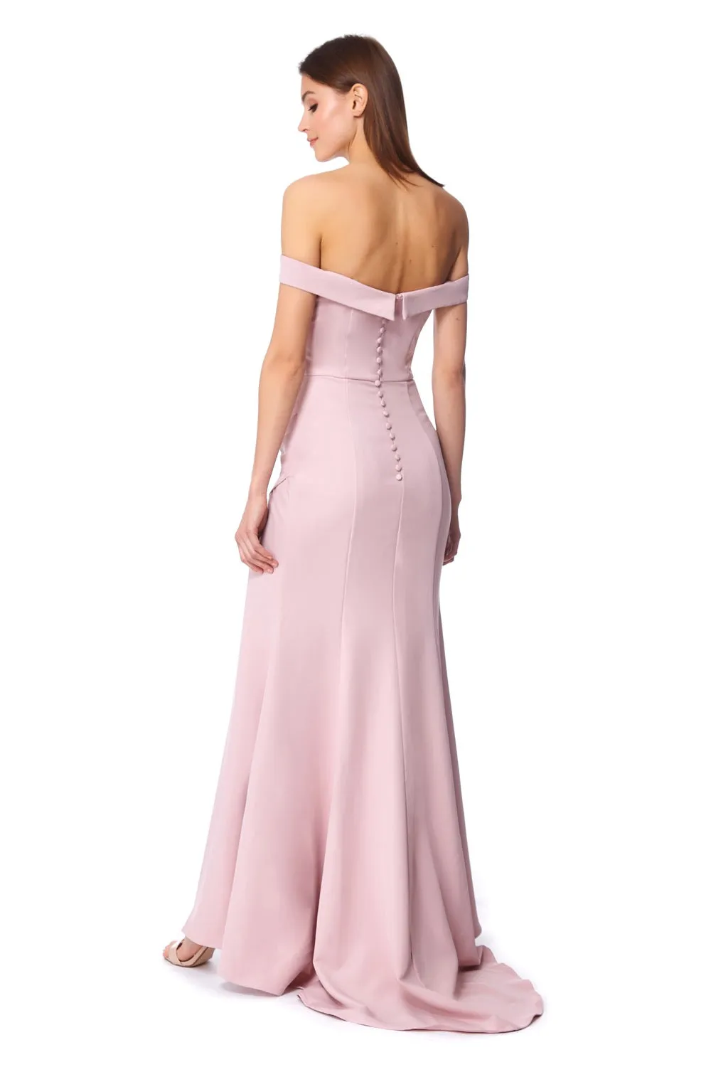 Bluebell Bardot Maxi Dress With Thigh Split And Button Back sold by Jarlo London product image thumbnail 4