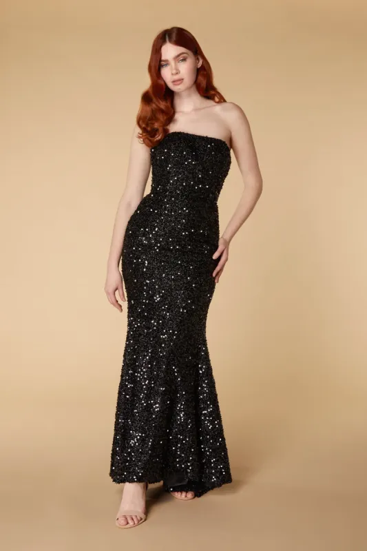Nera Strapless Sequin Maxi with Train sold by Jarlo London
