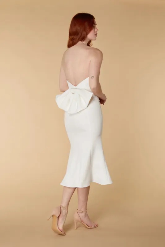 Maya Strapless Fishtail Midi Dress with Bow Back Detail sold by Jarlo London