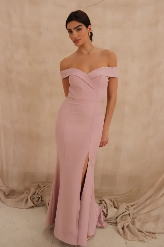 Bella Bardot Maxi Dress With Thigh Split And Train sold by Jarlo London