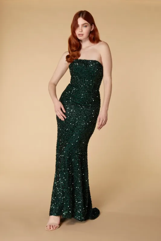 Nera Strapless Sequin Maxi with Train sold by Jarlo London