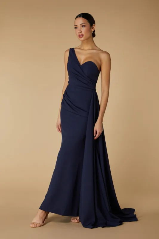 Hazel One Shoulder Fishtail Maxi Dress with Drape Detail sold by Jarlo London