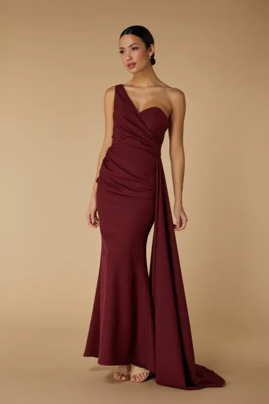 Hazel One Shoulder Fishtail Maxi Dress with Drape Detail sold by Jarlo London