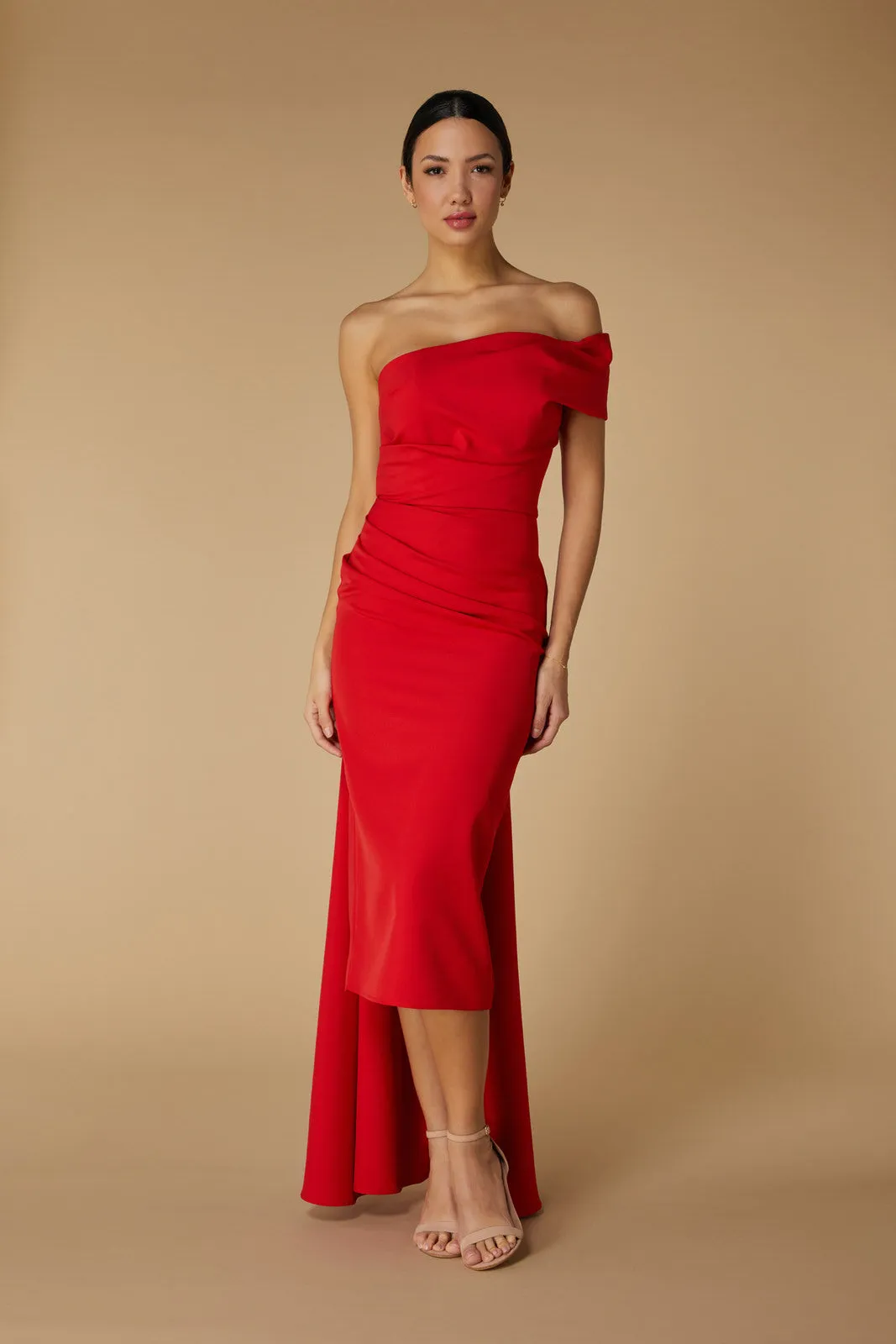 Greer Off Shoulder Midi Dress with Drape Detail sold by Jarlo London