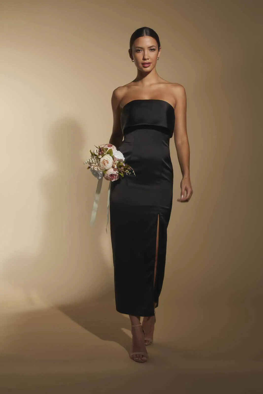 Kate Strapless Satin Midi Dress with Bust Overlay sold by Jarlo London product image thumbnail 2