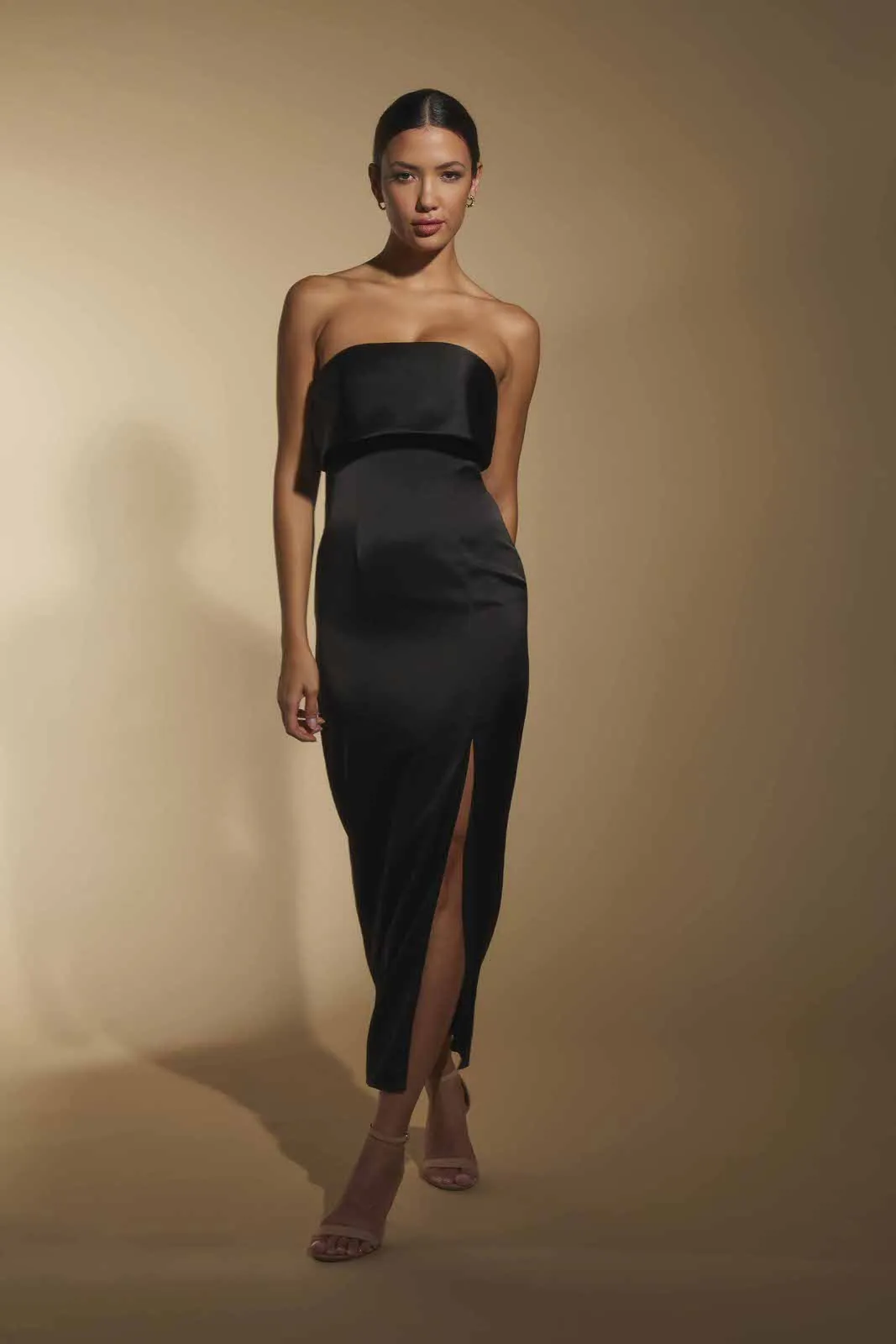 Kate Strapless Satin Midi Dress with Bust Overlay sold by Jarlo London