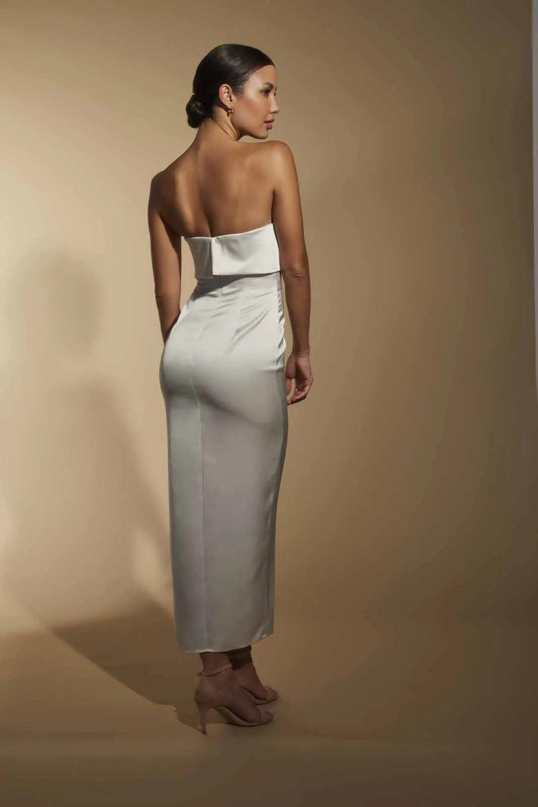 Kate Strapless Satin Midi Dress with Bust Overlay sold by Jarlo London product image thumbnail 3