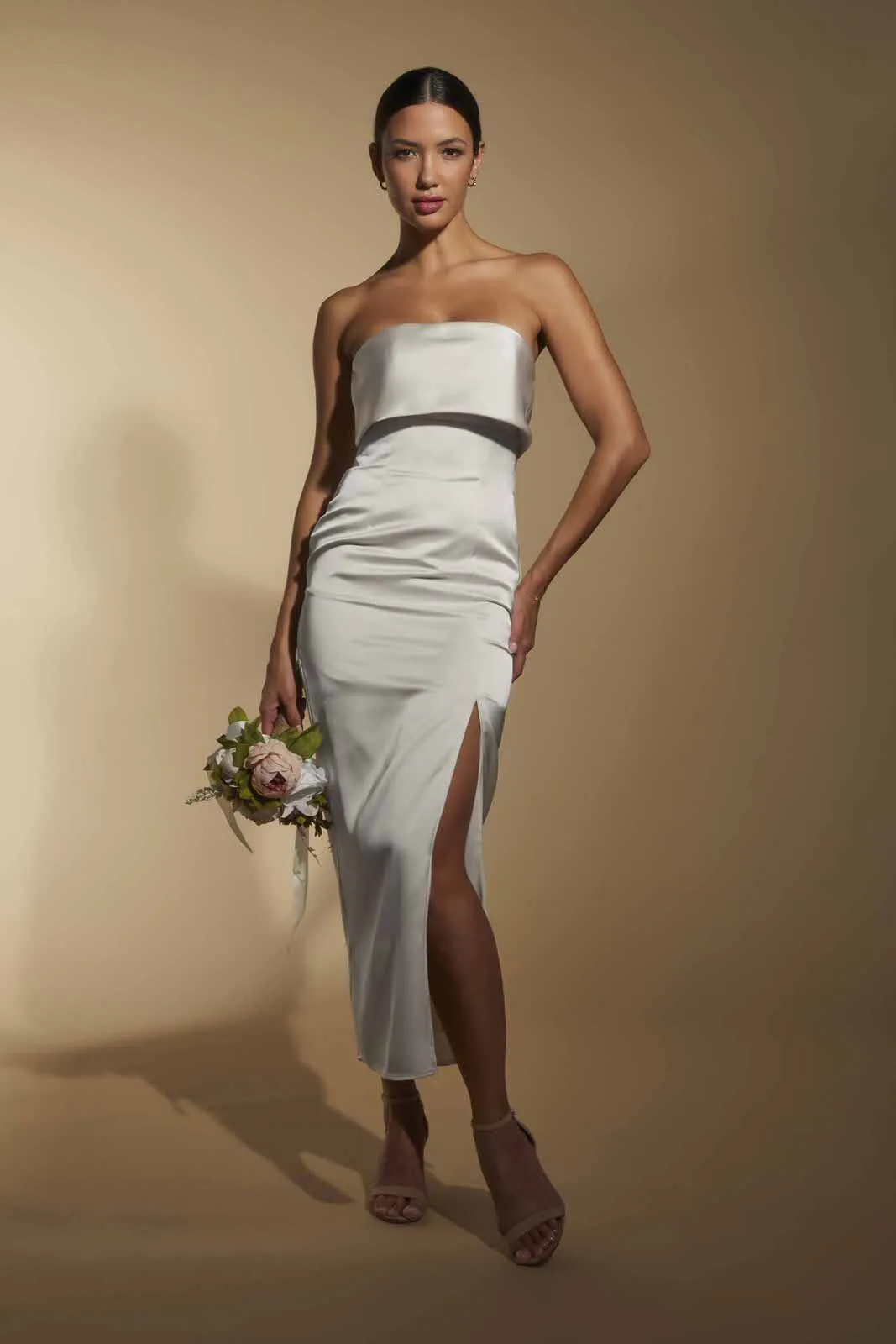Kate Strapless Satin Midi Dress with Bust Overlay sold by Jarlo London