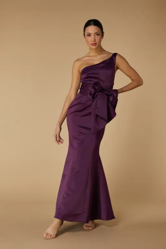 Rose One Shoulder Satin Maxi Dress with Bow Detail sold by Jarlo London