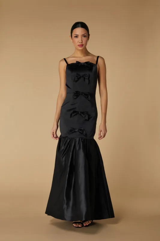 Romy Satin Maxi Dress with Peplum Hem and Bow Detail made by Jarlo London