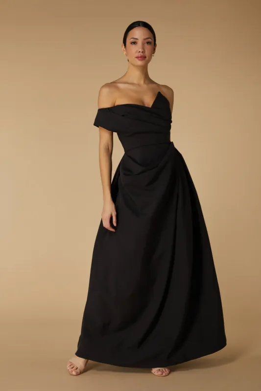 Em Off Shoulder Maxi Dress with Draped Skirt Detail sold by Jarlo London