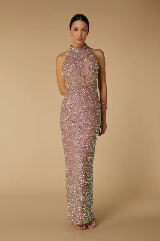 Yolanda High Neck Sequin Maxi Dress with Back Strap Detail sold by Jarlo London