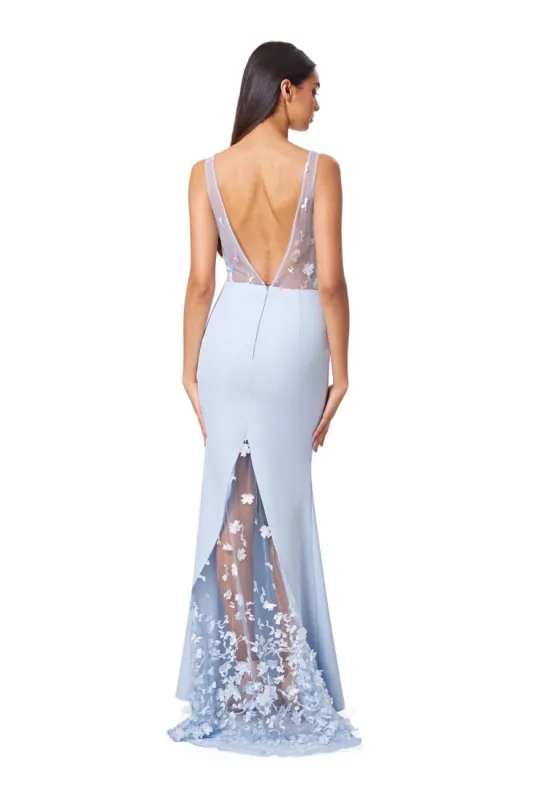 Allegra Sheer Floral Embroidery Maxi Dress with Deep V Front & Back Neckline sold by Jarlo London