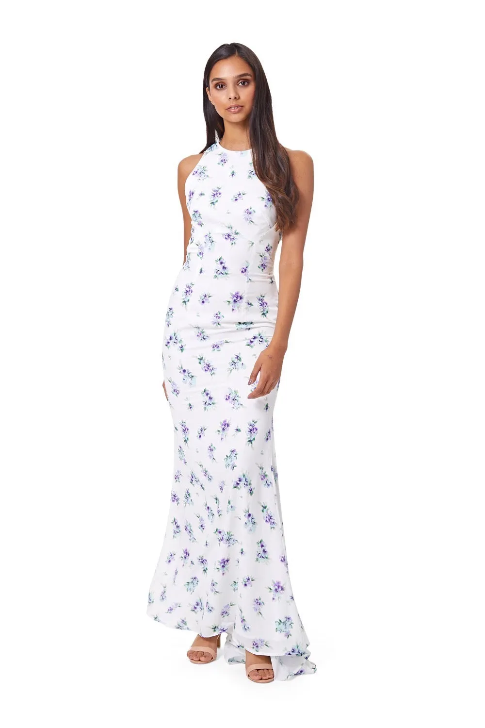 Jonquil High Neck Print Maxi Dress With Fishtail Train sold by Jarlo London