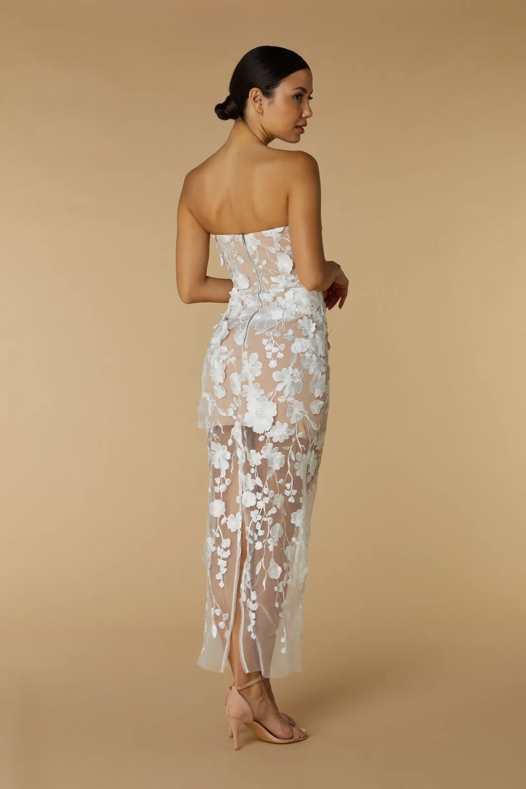 Willow Strapless Midi Dress in Floral 3D Lace sold by Jarlo London product image thumbnail 2