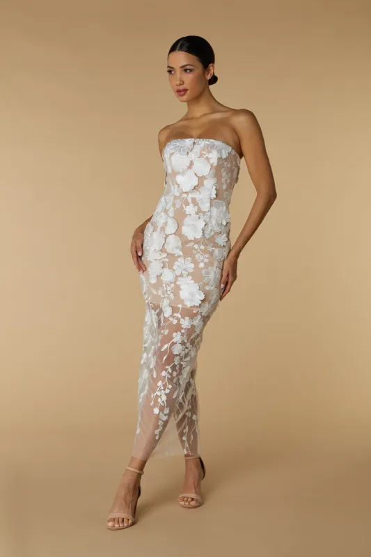 Willow Strapless Midi Dress in Floral 3D Lace sold by Jarlo London