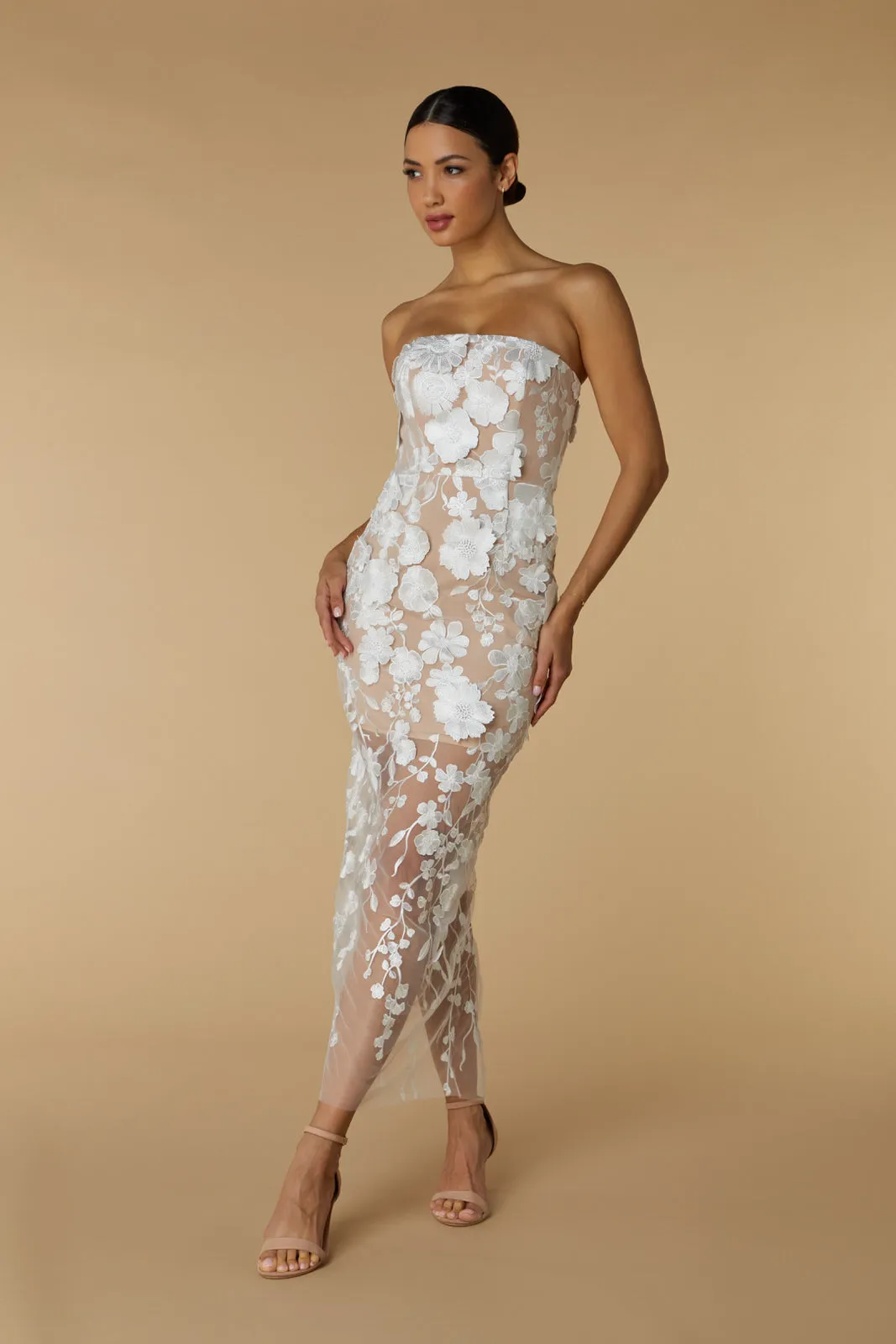 Willow Strapless Midi Dress in Floral 3D Lace sold by Jarlo London