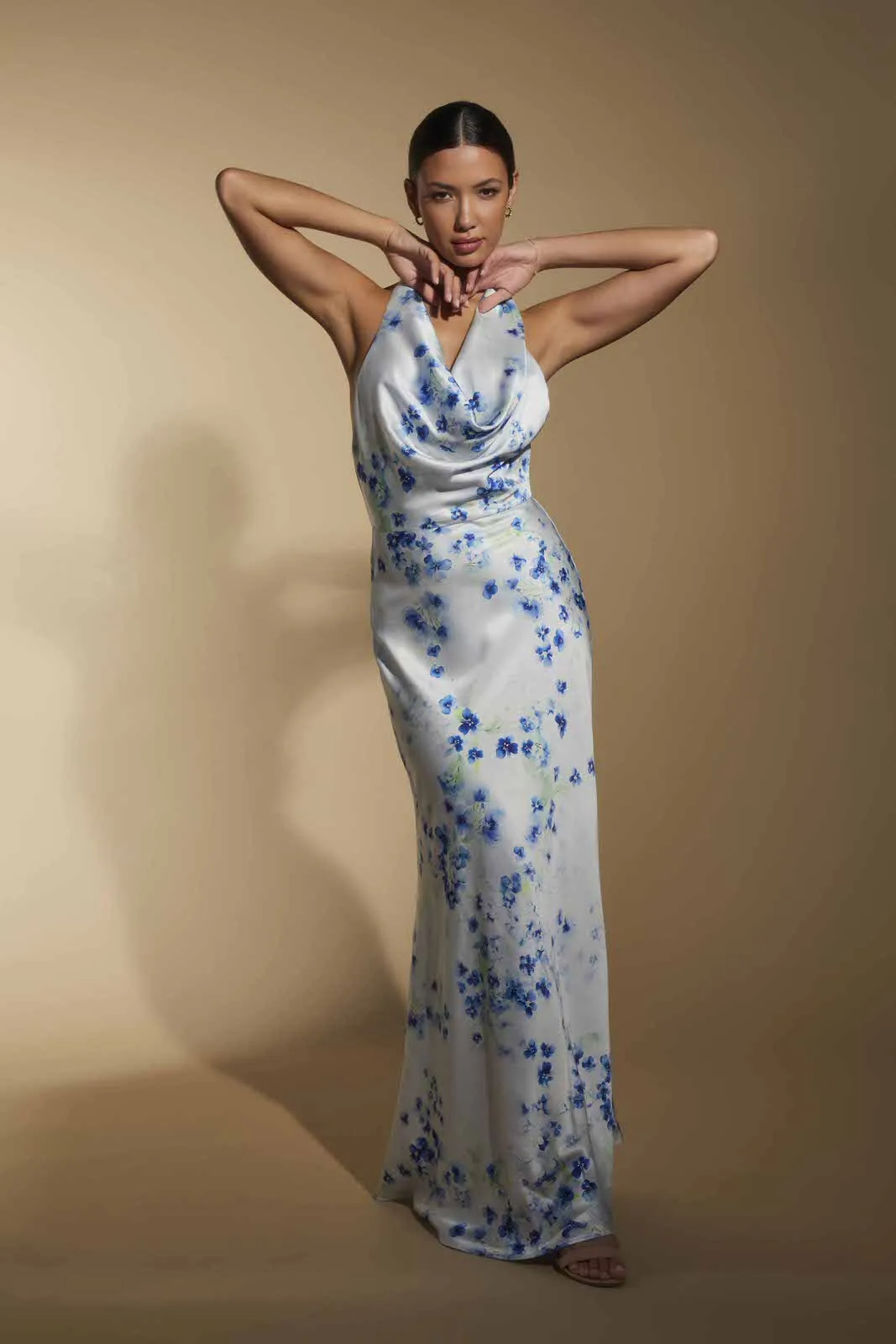 Noelle Cowl Front Print Maxi Dress sold by Jarlo London