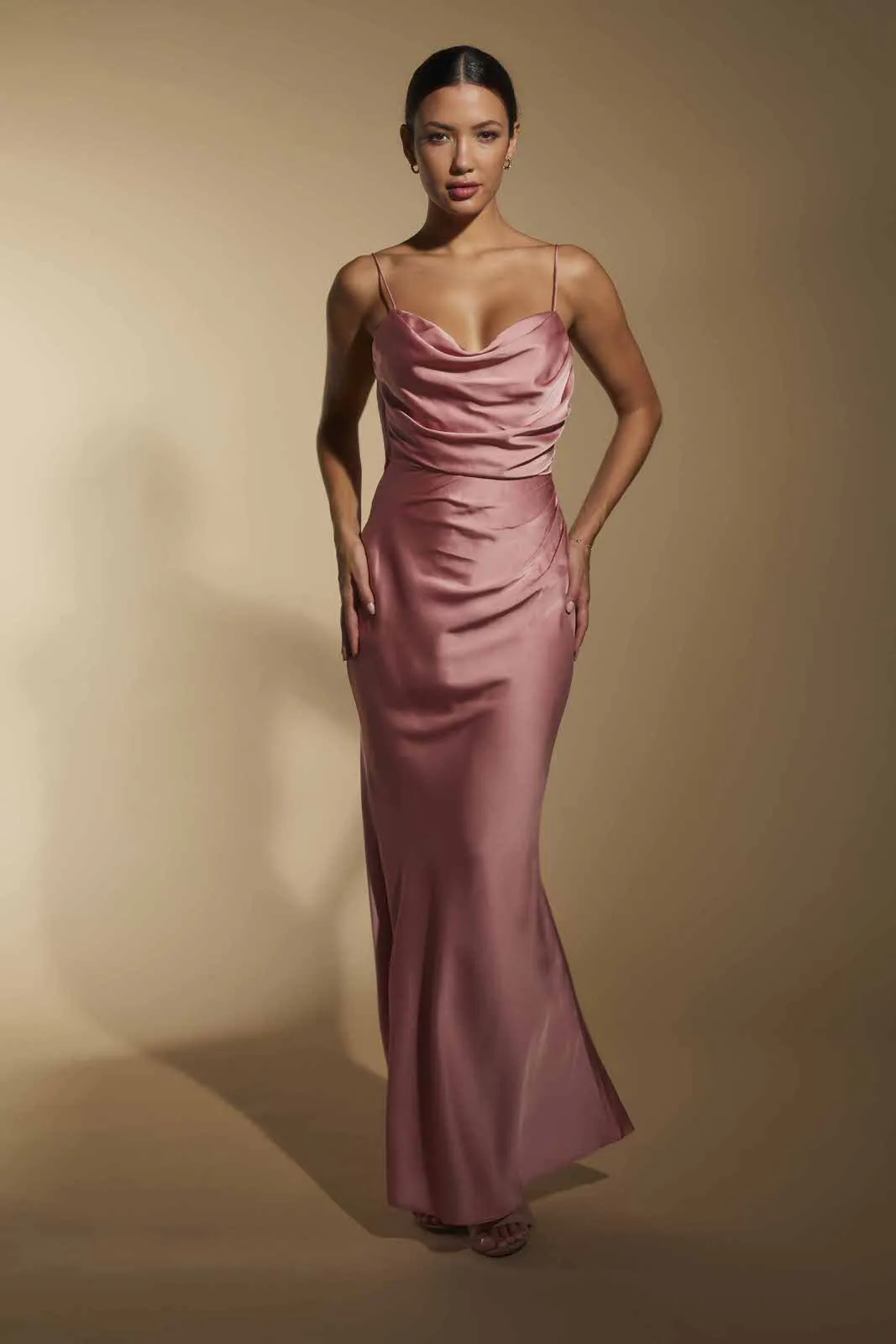 Aurora Cowl Back Maxi Dress with Lace Detail sold by Jarlo London