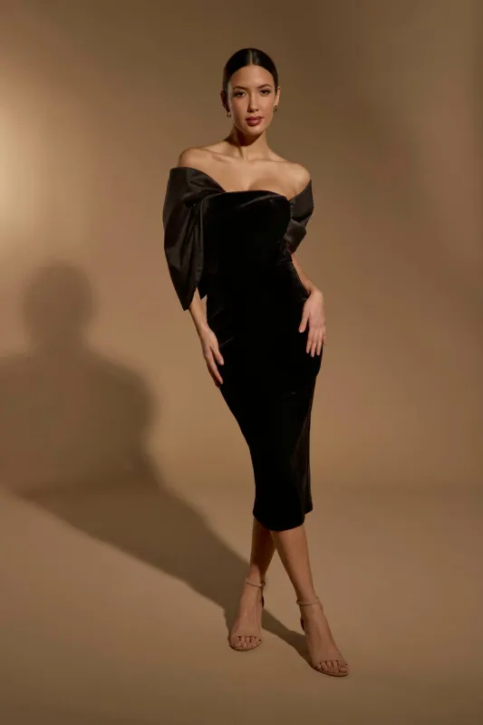 Iris Off Shoulder Velvet Midi Dress with Sculpted Sleeve Detail sold by Jarlo London