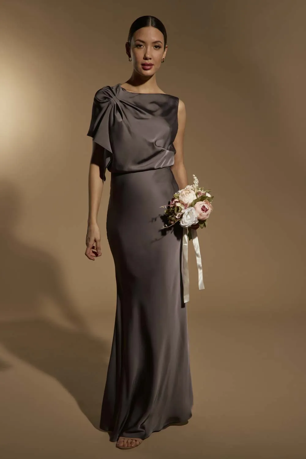 Lee Satin Maxi Dress with Draped Sleeve sold by Jarlo London