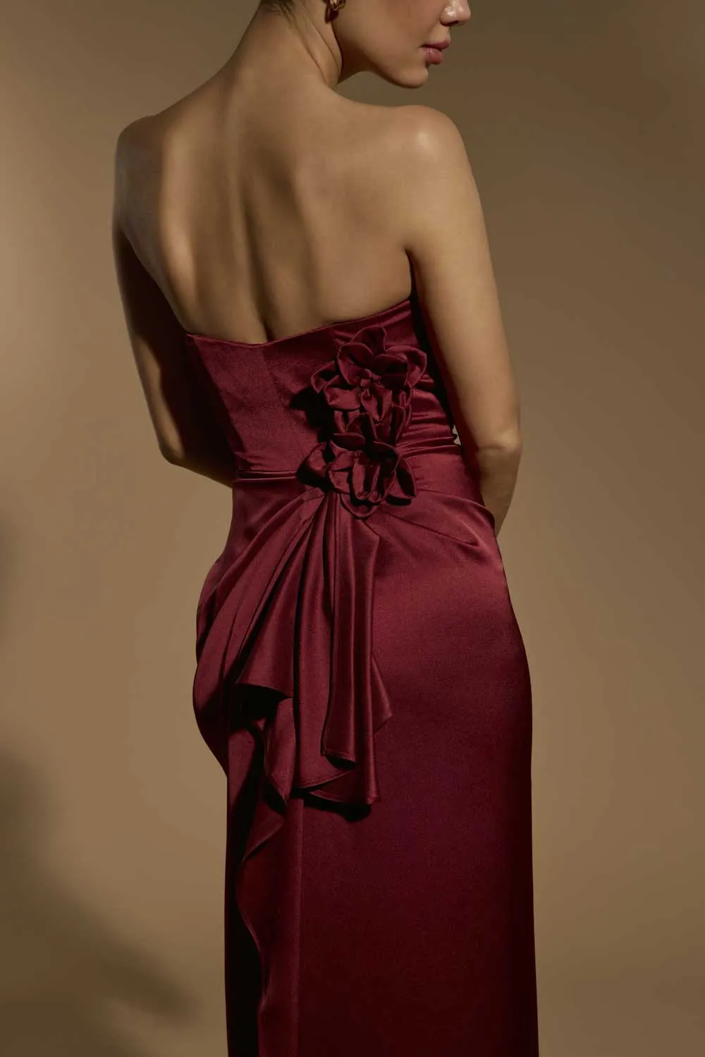 Kylie Strapless Satin Maxi Dress with Corsage Detail sold by Jarlo London