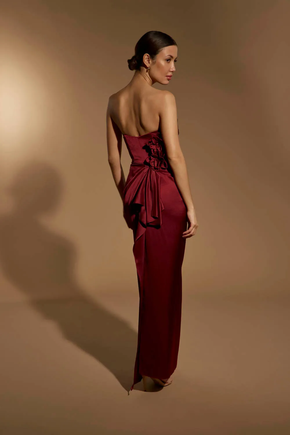 Kylie Strapless Satin Maxi Dress with Corsage Detail sold by Jarlo London product image thumbnail 3