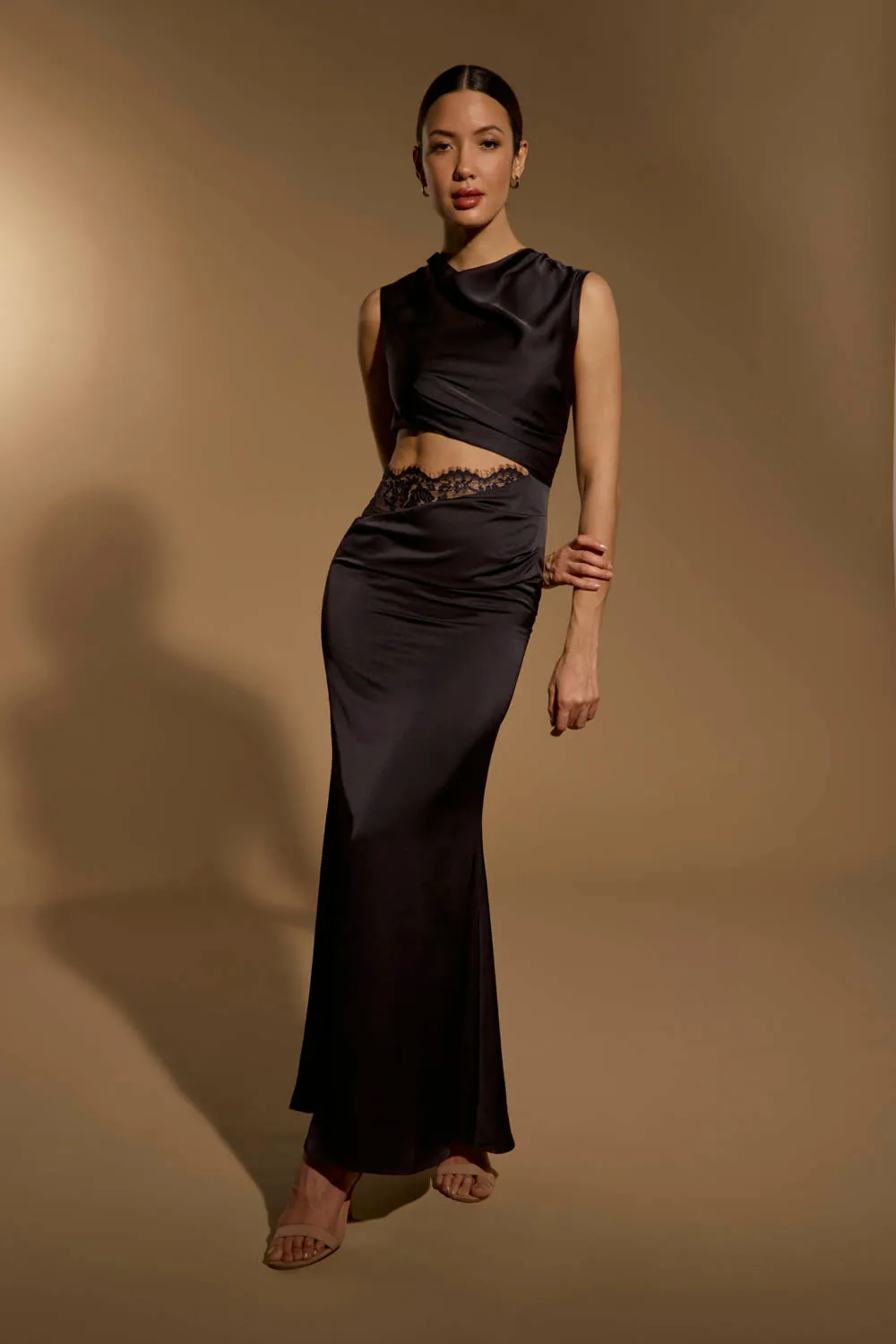 Naomi Satin Maxi Dress with Waist Cut Out Detail sold by Jarlo London