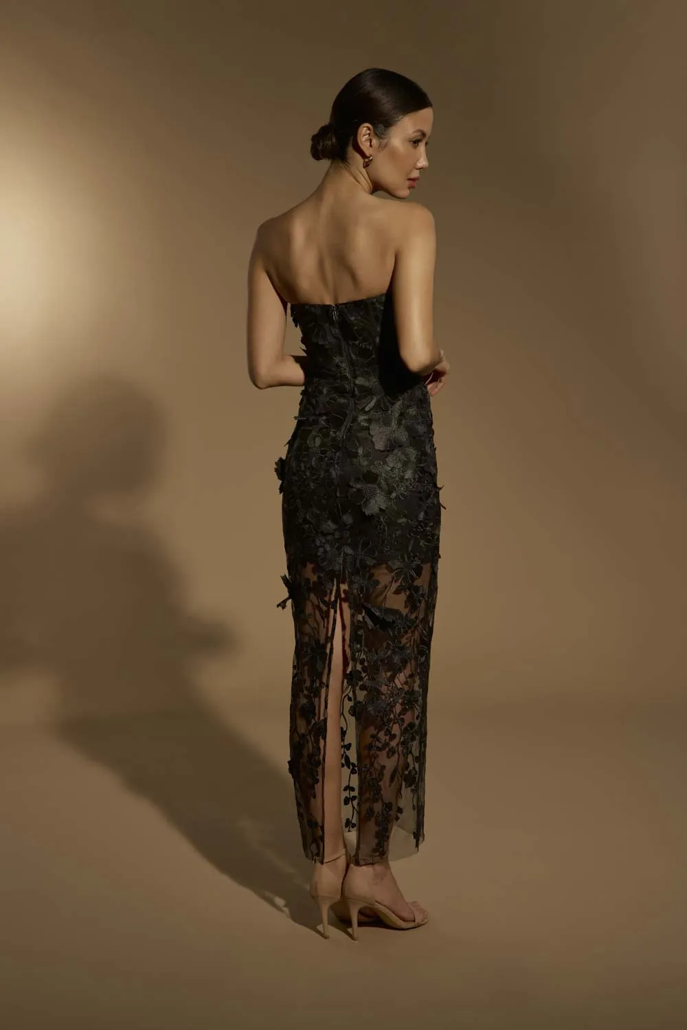Alice Strapless Midi Dress in Floral 3D Lace sold by Jarlo London product image thumbnail 2