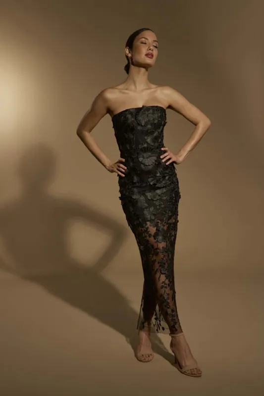 Alice Strapless Midi Dress in Floral 3D Lace sold by Jarlo London