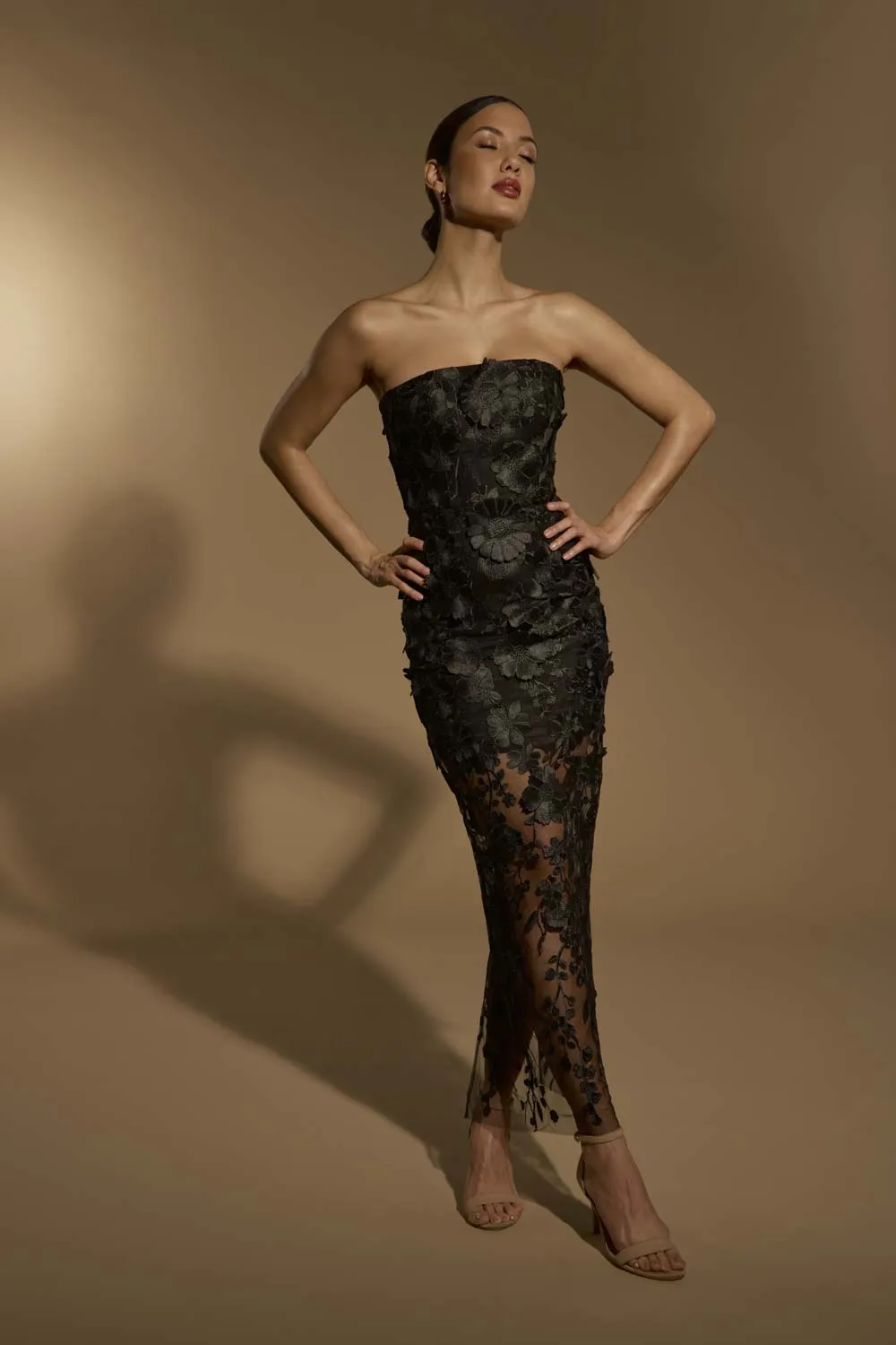 Alice Strapless Midi Dress in Floral 3D Lace sold by Jarlo London