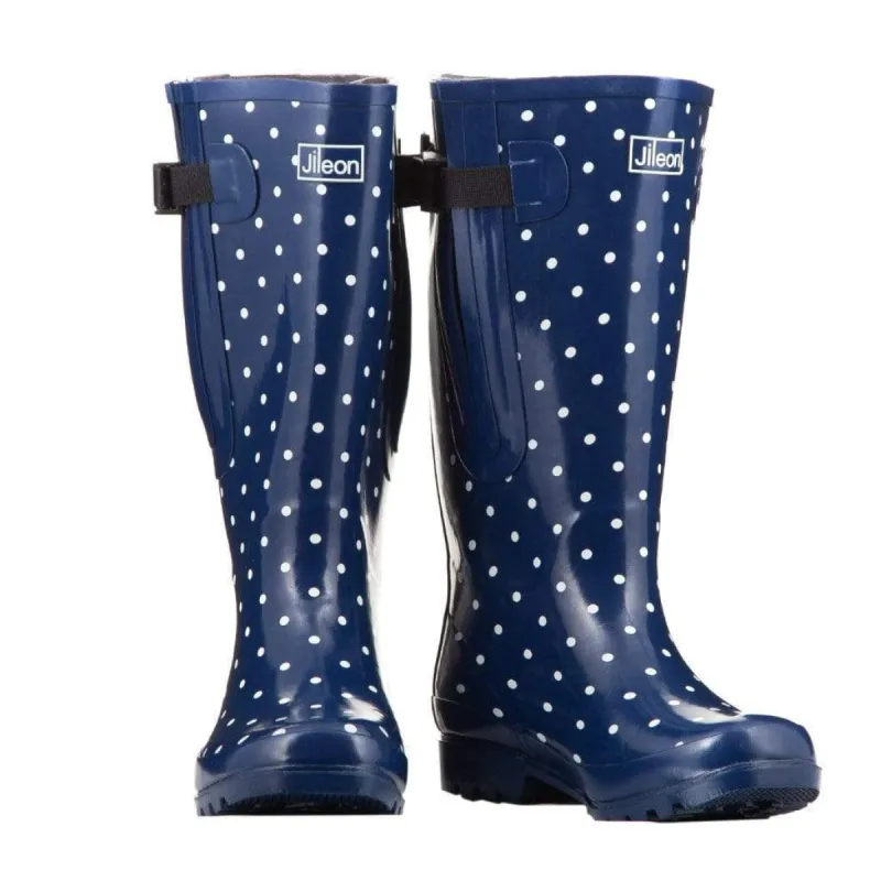 Extra Wide Calf Navy Spotty Wellies - Wide in Foot and Ankle - Fit 40-57cm Calf sold by Jileon