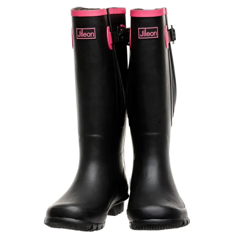 Extra Wide Calf Black Wellies with Hot Pink Trim - Wide in Foot & Ankle - Fit 40-57cm Calf sold by Jileon
