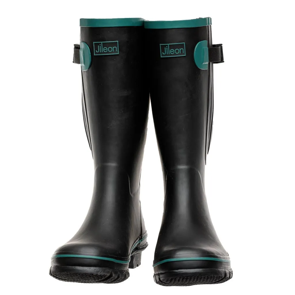 Wide Calf Wellies - Black with Teal Trim - Regular Fit in Foot and Ankle - 37 to 49cm Calf sold by Jileon