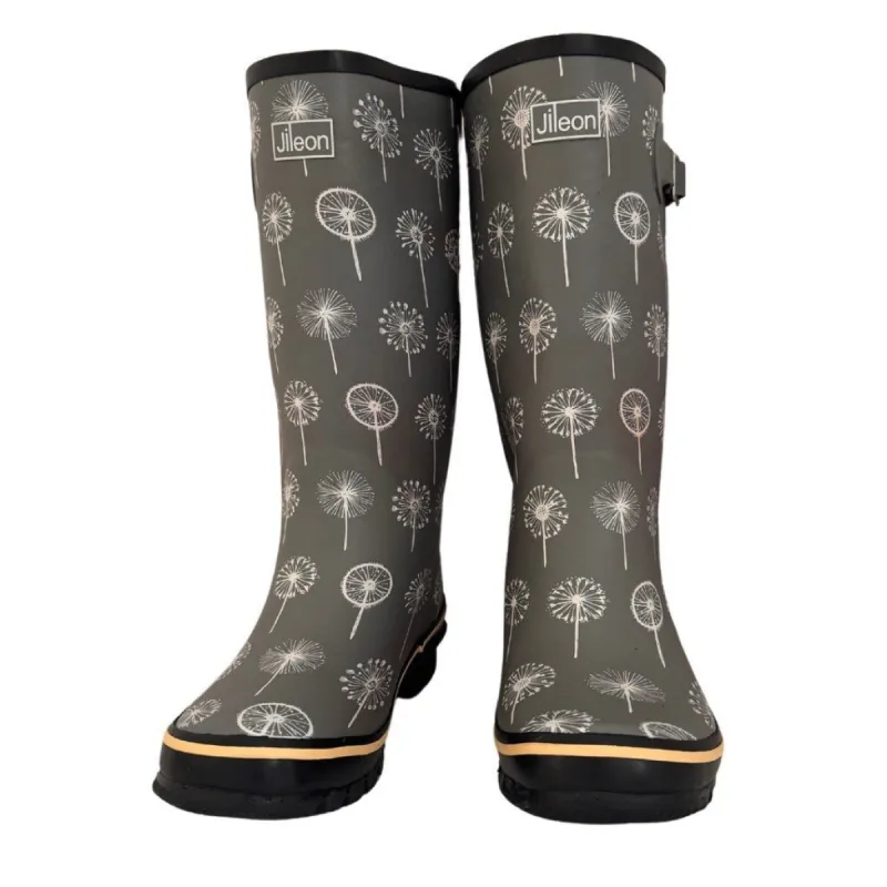 Wide Calf Grey Dandelion Wellies for Women - Wide in Foot and Ankle - 37 to 46cm Calf sold by Jileon