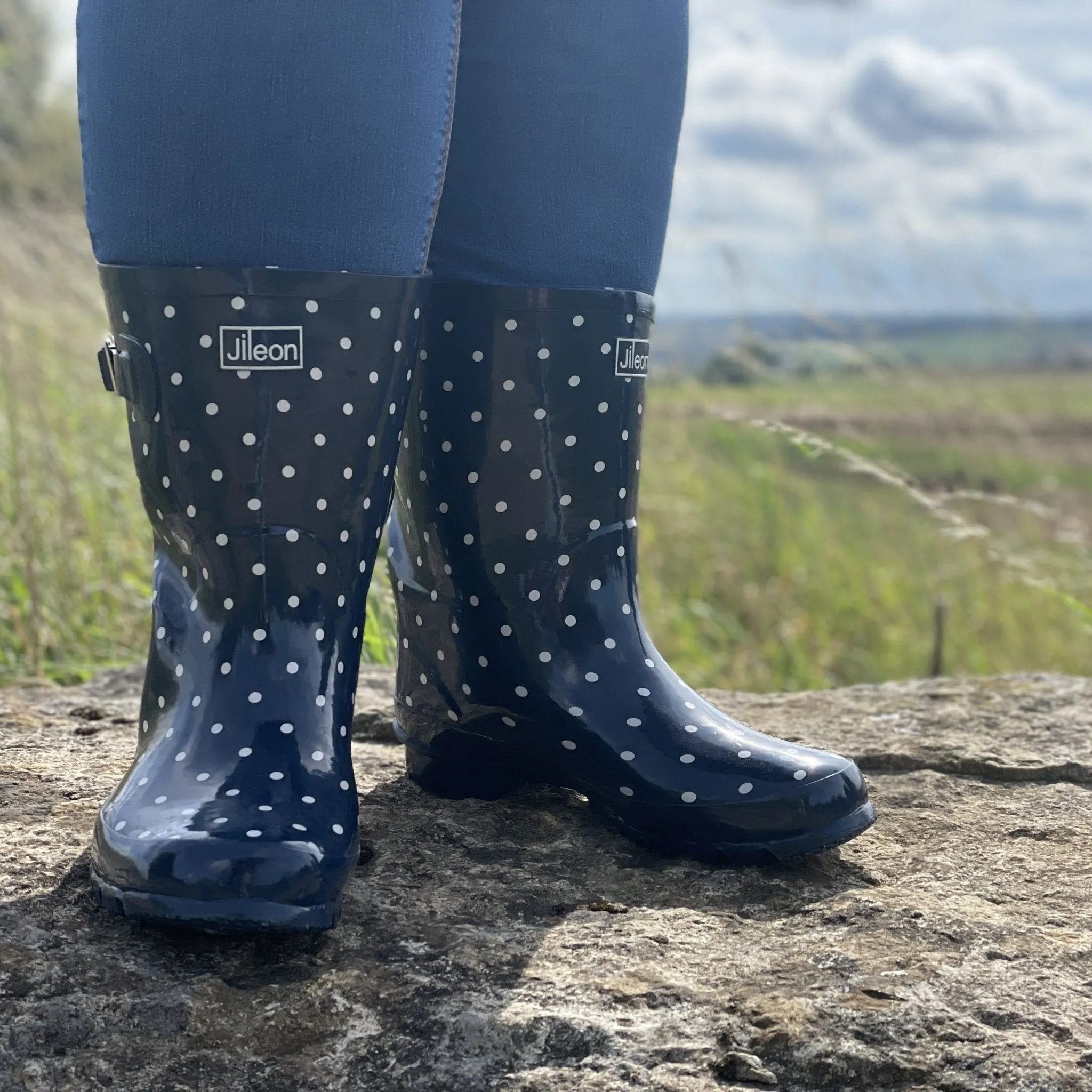 Half Height Navy Spot Wellies - Wide Foot & Ankle sold by Jileon product image thumbnail 2