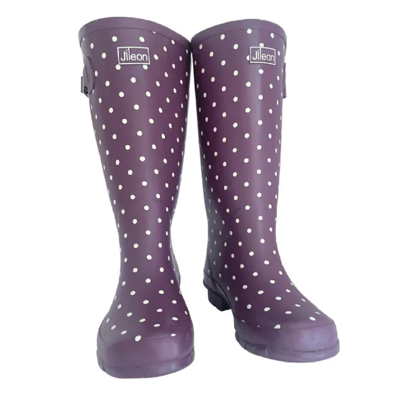 Wide Calf Purple Cream Spot Wellies for Women - Wide in Foot and Ankle - 37 to 46cm Calf sold by Jileon